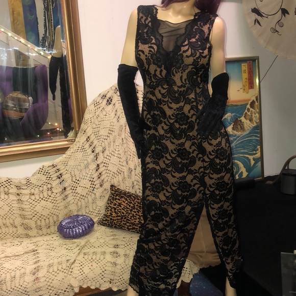 CONNECTED BLACK LACE MAXI SIDE LEG SLIT NUDE SLIP - Picture 1 of 10